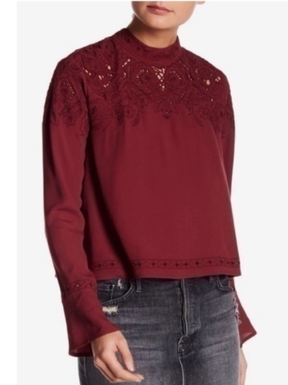 Astr Burgundy Lace Yoke High-Neck Blouse